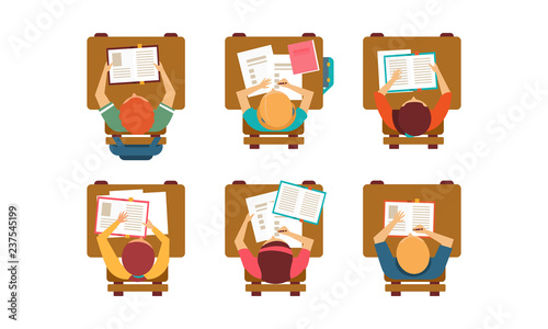 Students of university sitting behind desks with books and notebooks, top view. Education theme. Flat vector design