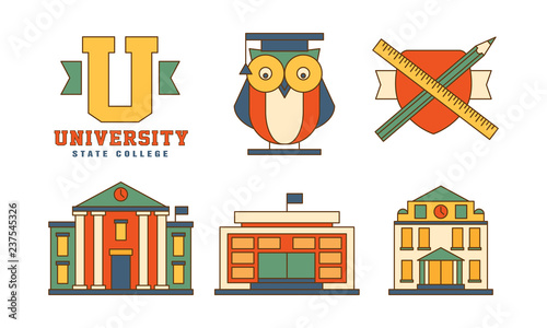 Vector set of flat outline icons related to education theme. Buildings and owl in mantle. Original emblems for university