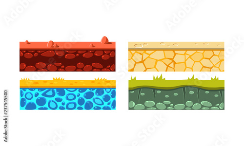 Flat vector set of 4 seamless platforms. Blocks with green grass, red and orange ground. Gaming assets