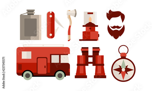 Flat vector set of icons related to camping and travel theme. Camper van, hipster haircut , tools and accessories
