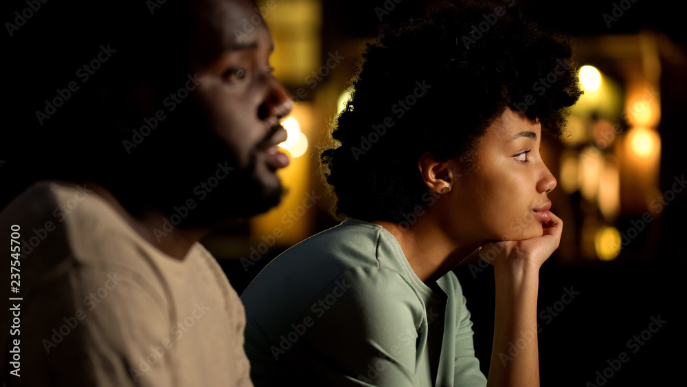 Naklejka premium Disappointed woman on failed blind date, relations difficulties, awkward moment