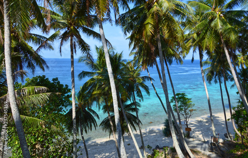 Pristine beach in Pulau Weh  Indonesia. Turquoise water of the Indian Ocean and tall palm trees. Perfect paradise.