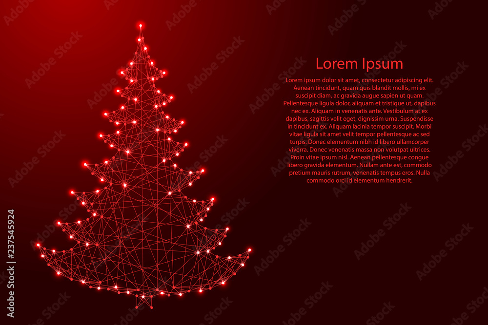 Christmas tree and Happy New Year decoration from futuristic polygonal red lines and glowing stars for banner, poster, greeting card. Vector illustration. Christmas tree and Happy New Year decoration from futuristic polygonal red lines and glowing stars for banner, poster, greeting card. Vector illustration.