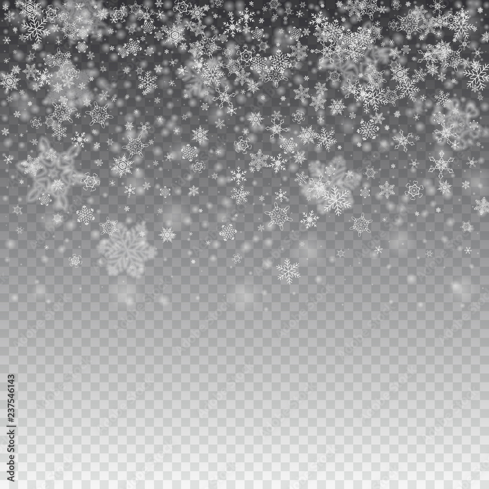 Vector snowfall, snowflakes of various shapes. Many white cold flaky elements on transparent background. White falling fly in the air.