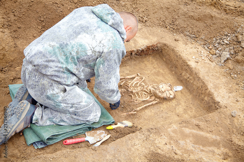 Archaeological excavation. The archaeologist in a digger process researching the tomb with tools. Human bones, part of skeleton and skull in the ground. Outdoors, copy space.