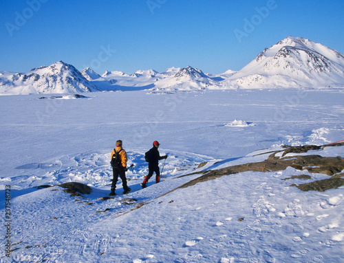 East-Greenland. Snow walking in the mountains
