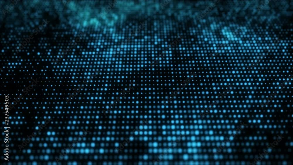 4K 60 fps. Abstract loopable blue cg motion waving dots texture with glowing defocused particles. Cyber or technology digital landscape background. 3840x2160 uhd