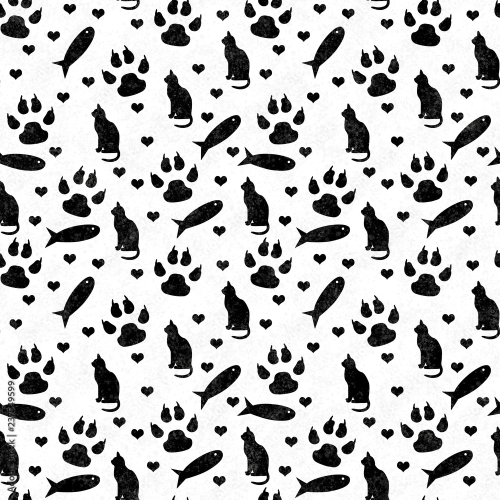 Black and white cat, paw prints, fish, and hearts seamless and repeat pattern background Black and white cat, paw prints, fish, and hearts seamless and repeat pattern background