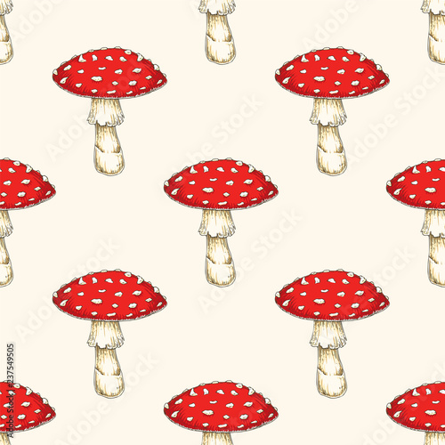 Seamless Pattern with Fly Agaric Mushroom