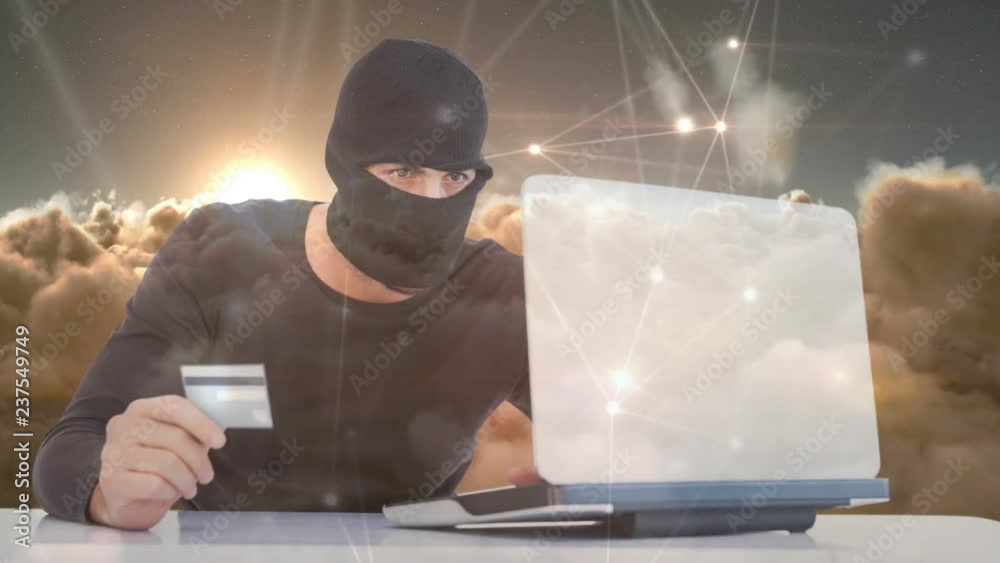 Digital animation of hacker holding card while hacking the laptop 4k