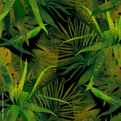 imprints abstract tropical leaves mix repeat seamless pattern. digital hand drawn picture with watercolour