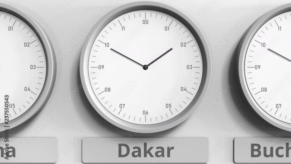 Round clock showing Dakar, Senegal time within world time zones. 3D