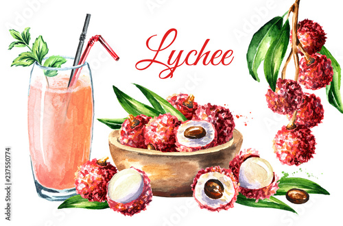 Lychee card. Watercolor hand drawn illustration  isolated on white background
