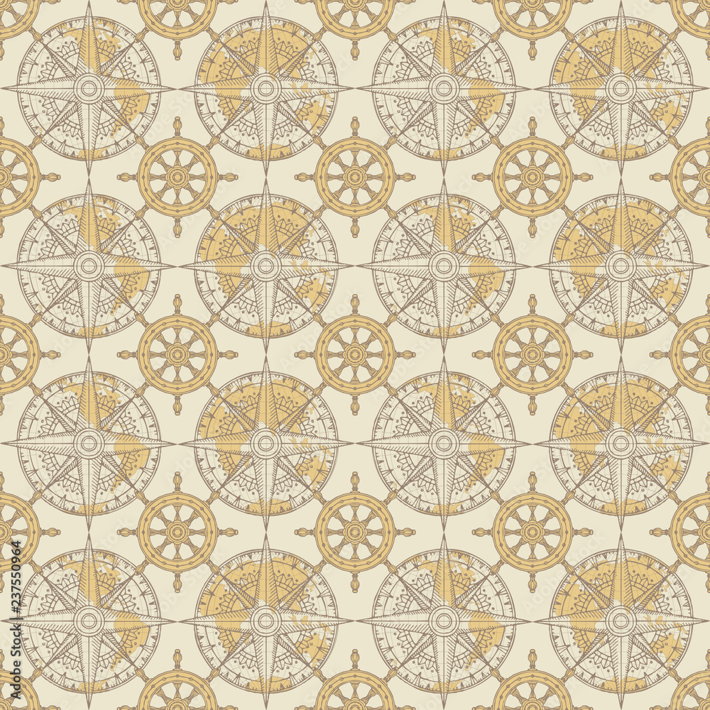 Vector seamless pattern on the theme of nautical travel, adventure and discovery. Wind roses, world maps and steering wheels in retro style on a beige background