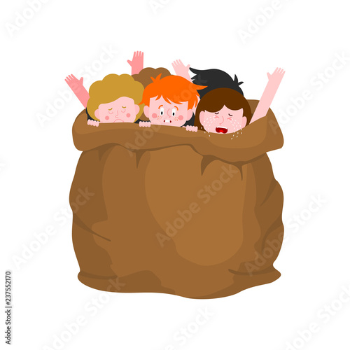 Naughty children in sack. Bad kids in bag. scared child. Krampus bagful  