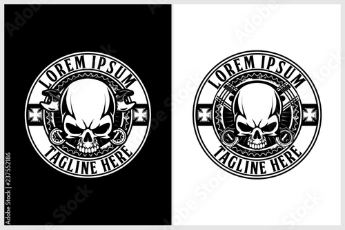 skull biker head with piston and wrench black and white theme vector logo template