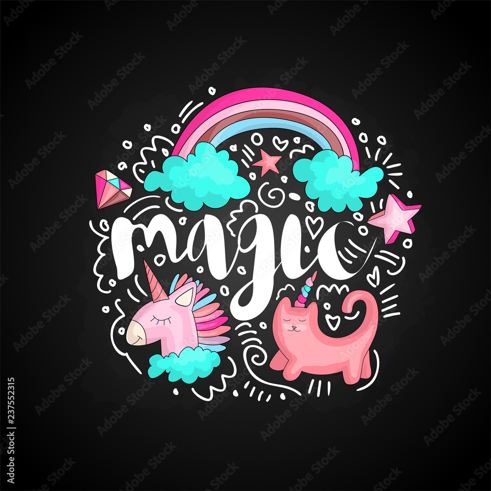 Cute doodle magic icons in round form colored. Cute fun vector magic with rainbow, clouds, unicorn, cat, diamond, stars and curved lines. Lettering magic among curved lines and cute set icons on black