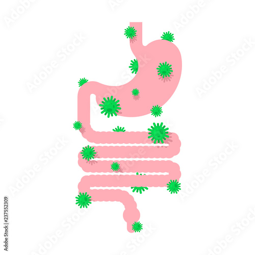 Sick Gastrointestinal tract. Diseased internal organ. Aching Viruses and bacteria. Human disease. ailing