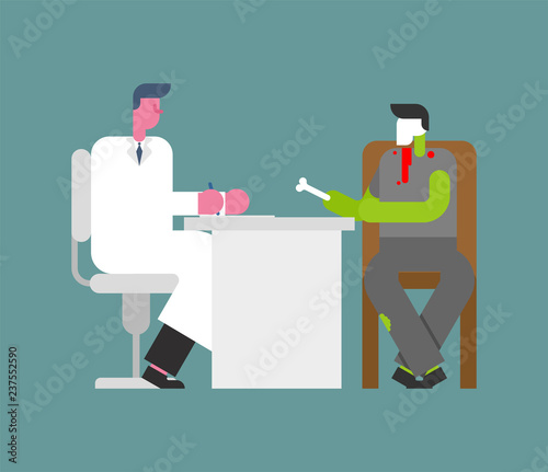 Doctor and zombie. Reception doc man green dead monster. Medical office. health insurance
