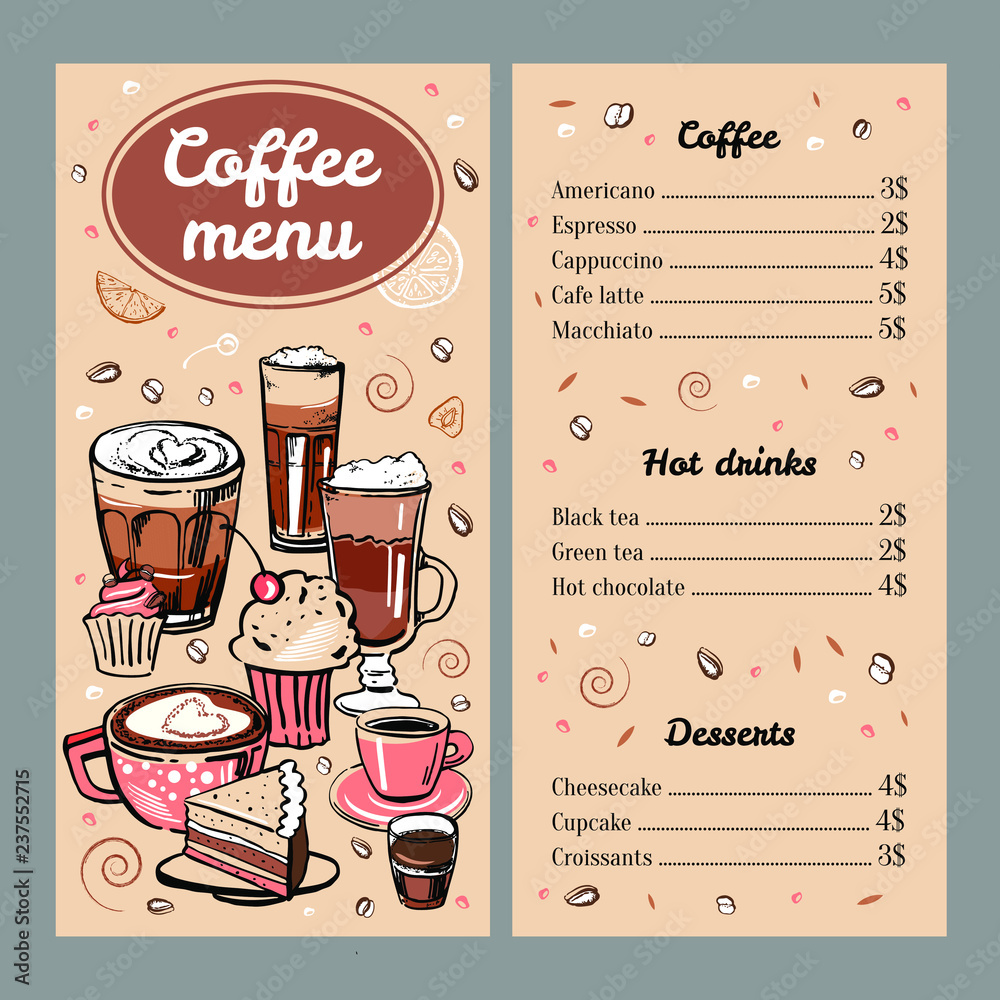 Coffee menu design template with list of hot drinks and desserts. Cover  with colorful mugs and cakes. Vector outline colorful hand drawn  illustration on brown background vector de Stock | Adobe Stock