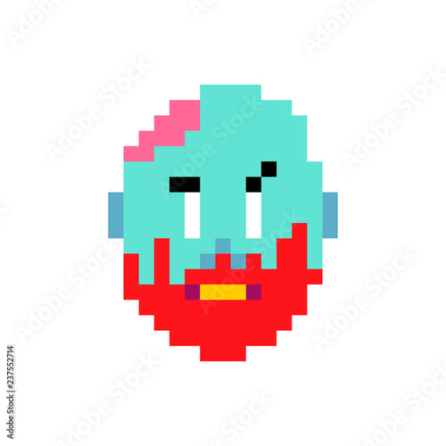 Zombie head pixel art. Face of green dead and brains inside skull 8bit. Video game Old school digital graphics