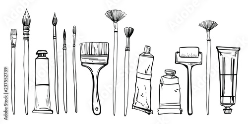 Artist painting materials. Hand drawn stylized sketch vector illustration. Brushes and pain tubes. Black outline grphic on white background