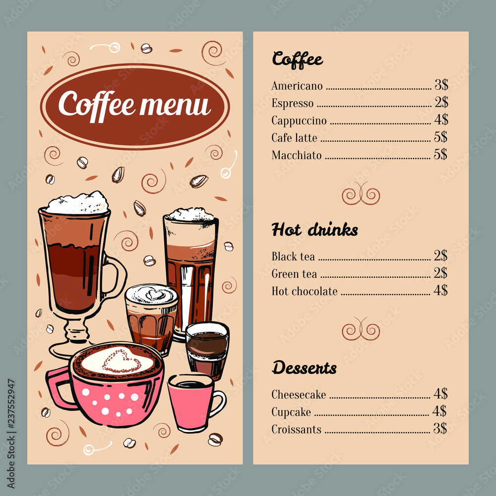 Coffee menu design template with list of hot drinks and desserts. Vector  outline colorful hand drawn illustration on brown background Stock Vector |  Adobe Stock