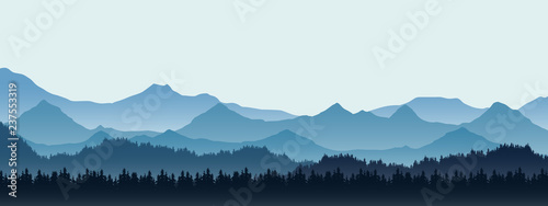 Realistic illustration of mountain landscape with hill and forest with coniferous trees, under blue winter sky with space for text, vector