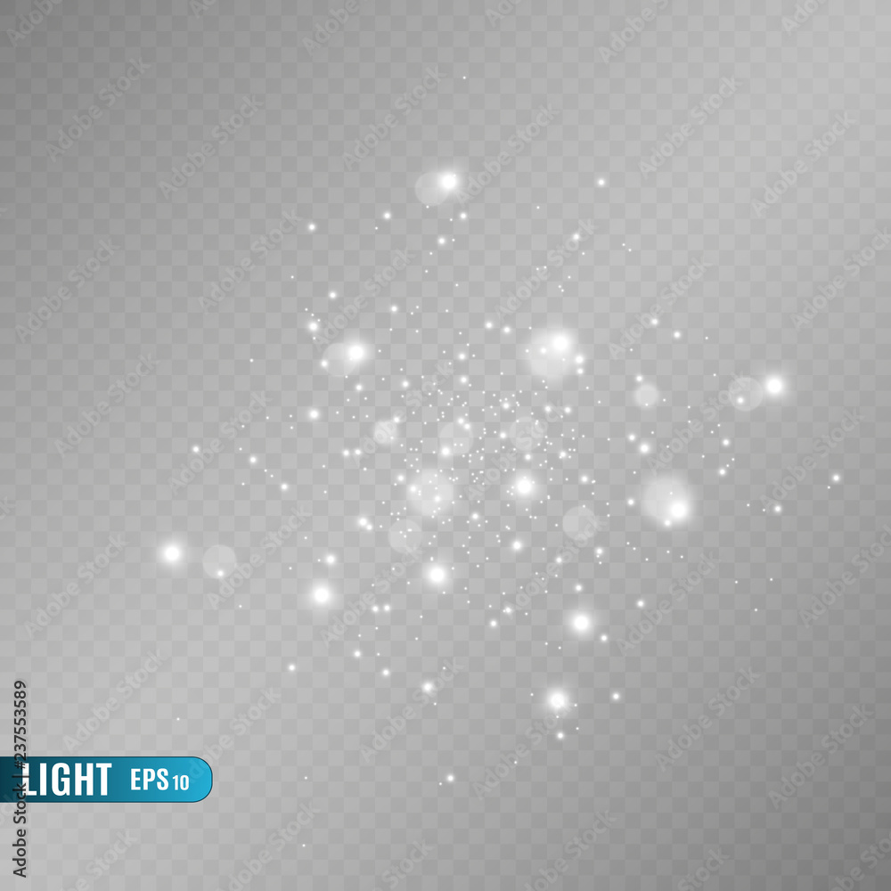 White sparks and golden stars glitter special light effect. Vector sparkles on transparent background. Christmas abstract pattern. Sparkling magic dust particles - obrazy, fototapety, plakaty 