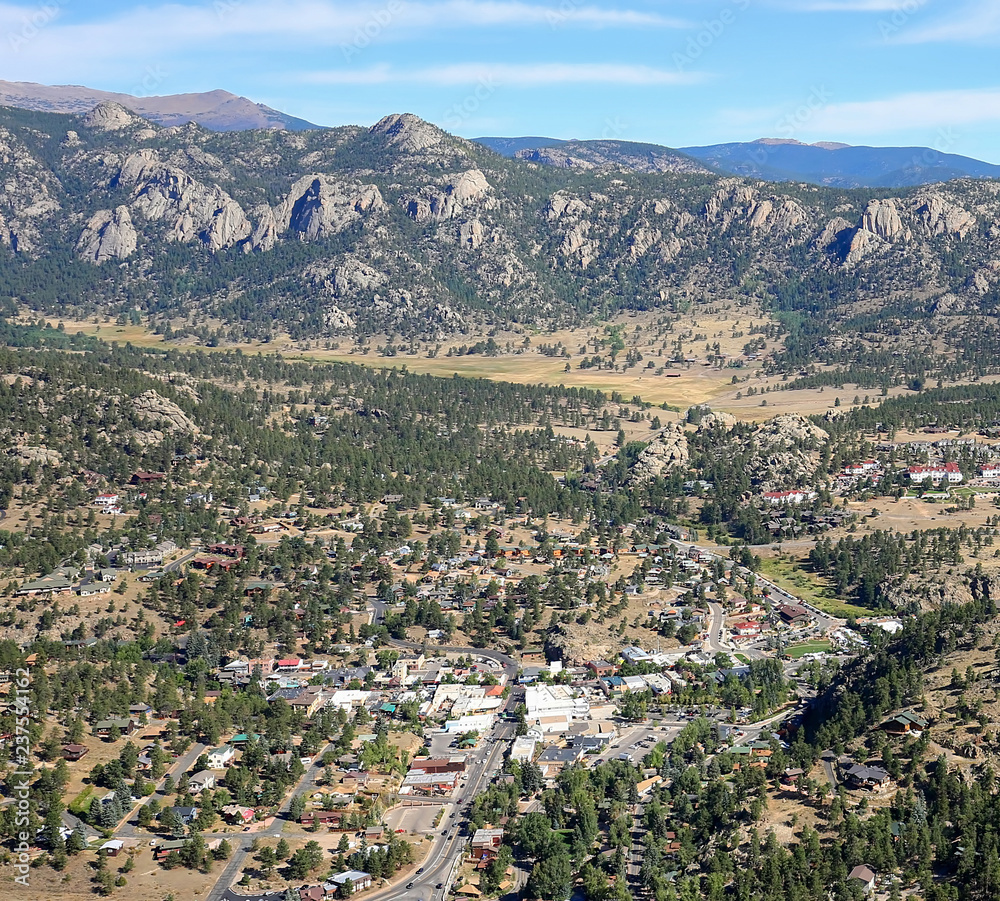 Aerial view of the village of Estes Park minutes from the Rocky Mountain National Park entrance.  Estes Park is known as the Gateway to the Rockies.