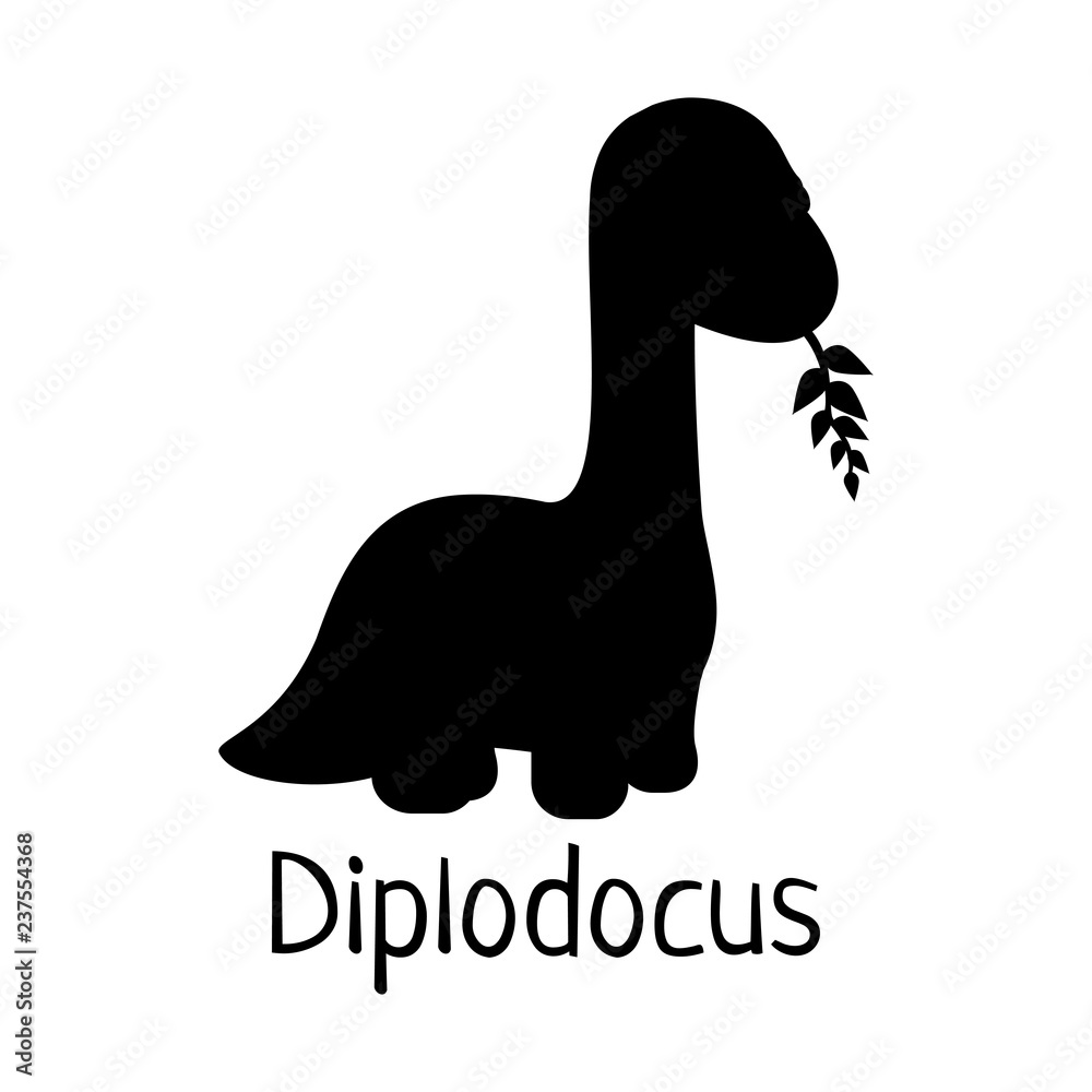 Vector baby dino silhouette - diplodocus or brontosaurus - for logo, poster, banner. For historic event, dinosaur party invitation, fashion textile design. Isolated on white