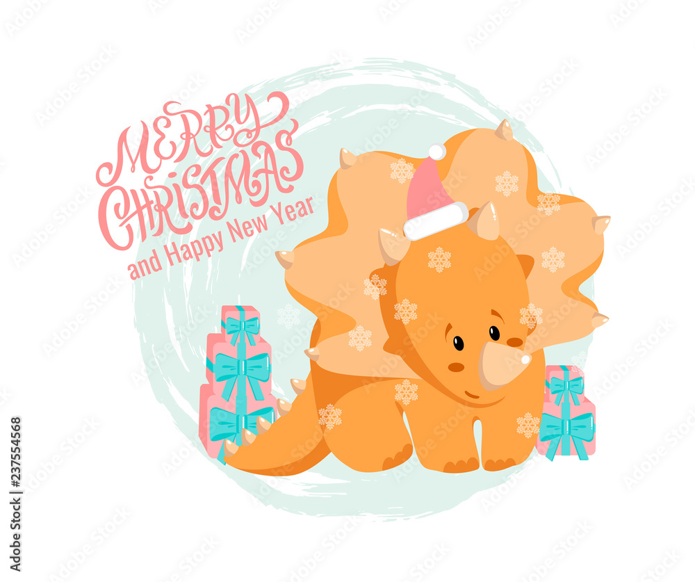 Vector Christmas and New Year greeting card with hand drawn lettering Merry Christmas, flat baby dino triceratops with gift boxes and textured background for holiday poster, dinosaur banner, printing Vector Christmas and New Year greeting card with hand drawn lettering Merry Christmas, flat baby dino triceratops with gift boxes and textured background for holiday poster, dinosaur banner, printing