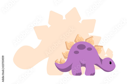 Vector baby dino flat style icon and its' silhouette - stegosaurus or spinosaurus - for logo, poster, banner. For historic event, dinosaur party invitation, fashion textile design. Isolated on white