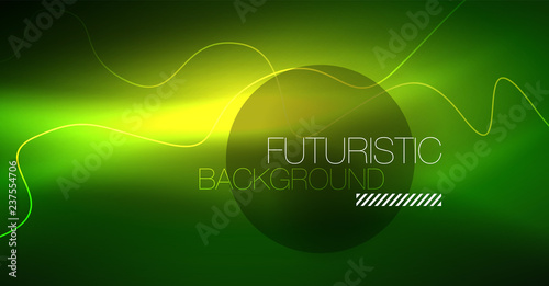 Abstract shiny glowinng color wave design element on dark background - science or technology concept