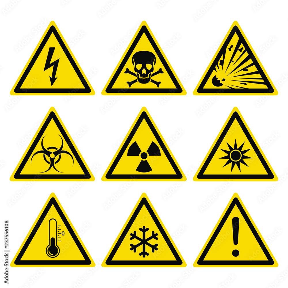 Hazard warning set triangular yellow signs. Isolated yellow triangular symbols on white background. Vector illustration. Hazard warning set triangular yellow signs. Isolated yellow triangular symbols on white background. Vector illustration.