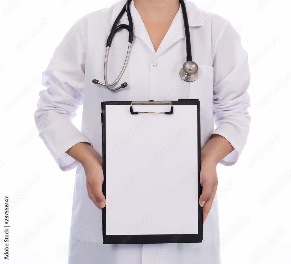 Doctor showing blank clipboard Isolated on white Doctor showing blank clipboard Isolated on white