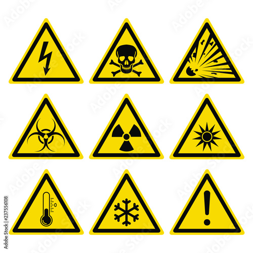 Hazard warning set triangular yellow signs. Isolated yellow triangular symbols on white background. Vector illustration.