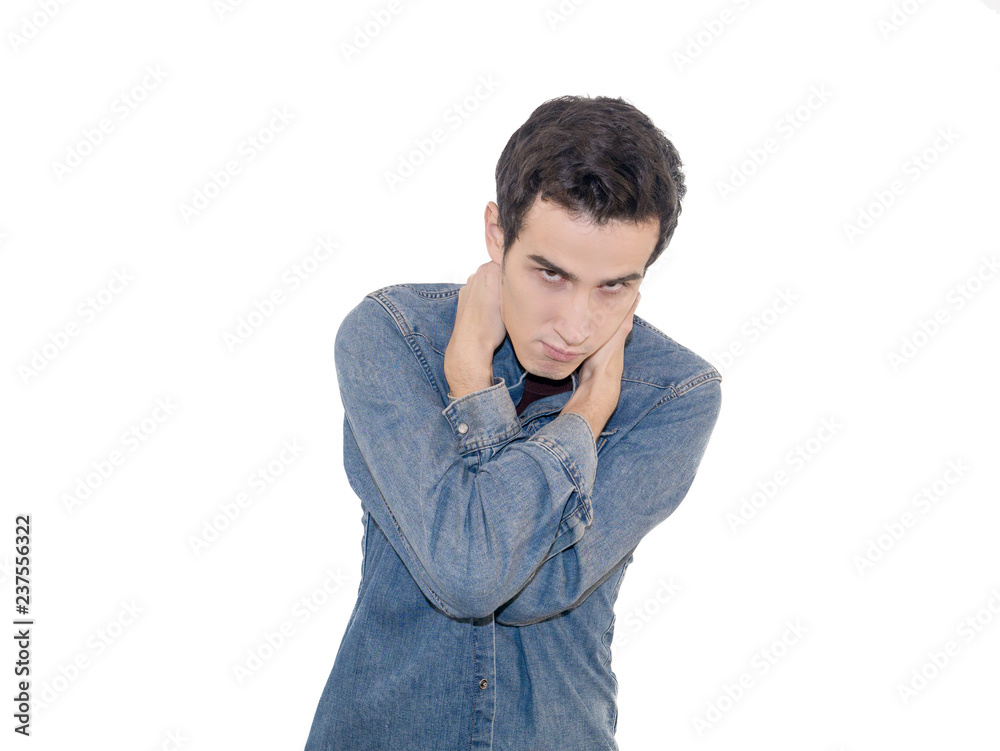 portrait of angry young man, isolated on white wall background. Negative human emotions facial expression feelings attitude. portrait of angry young man, isolated on white wall background. Negative human emotions facial expression feelings attitude.