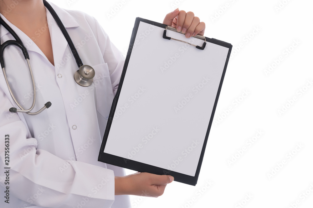 Doctor showing blank clipboard Isolated on white Doctor showing blank clipboard Isolated on white