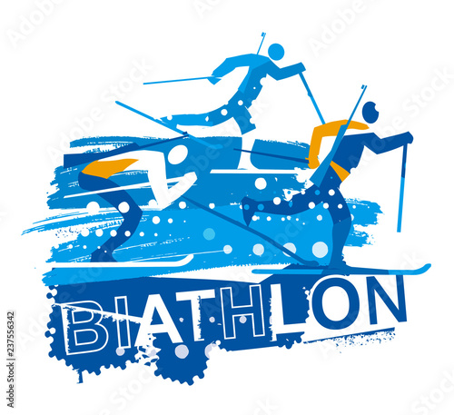 Biathlon race, Cross country skiers grunge stylized.
Illustration of three stylized biathlon  racers with inscription BIATHLON. Isolated on white background. Vector available. 