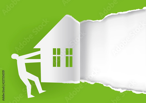 Real estate for sale, GREEN background template.
Male silhouette ripped green paper with house silhouette. Concept for Real estate for sale or doors open days. Vector available. 