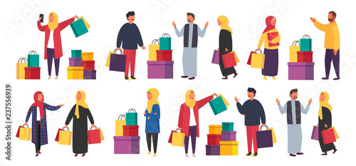 Shopping muslim people with bags. Vector sale illustration