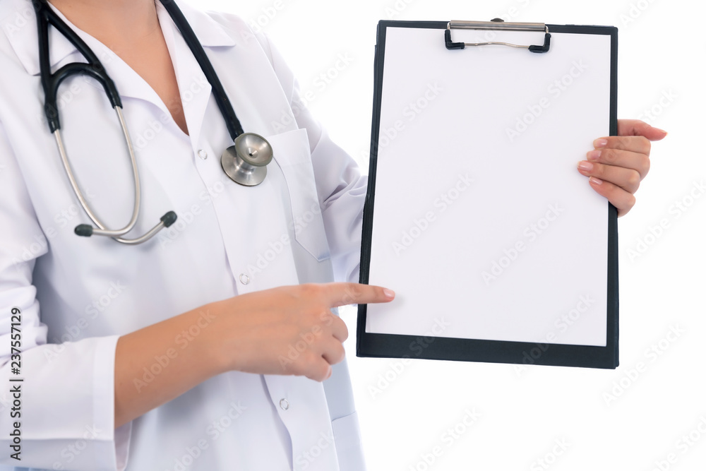 Doctor showing blank clipboard Isolated on white Doctor showing blank clipboard Isolated on white