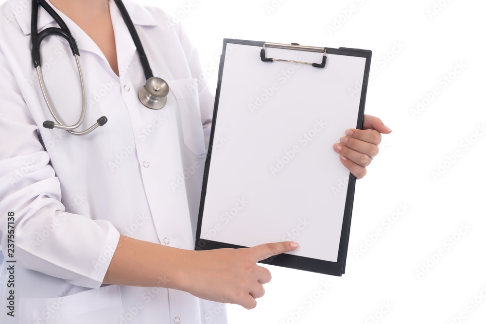 Doctor showing blank clipboard Isolated on white Doctor showing blank clipboard Isolated on white