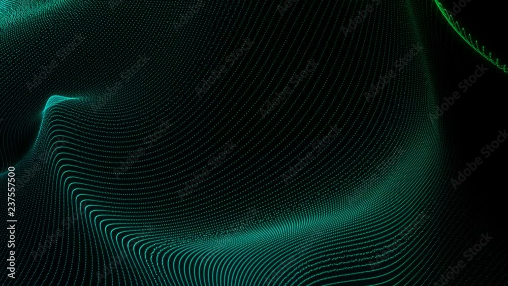 4K 60 fps. Abstract loopable green motion waving dots texture with glowing defocused particles. Cyber or technology digital landscape background. 3840x2160 uhd