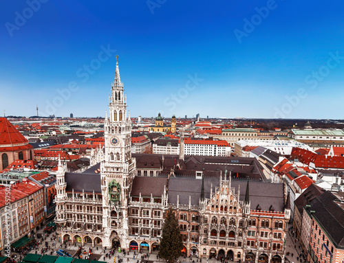 Top view of Munich, Marienplatz, New town hall and city buildings, Bavaria, Germany