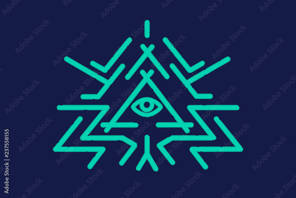 All seeing eye and magic symbol inside triangle. All seeing eye and magic symbol inside triangle.