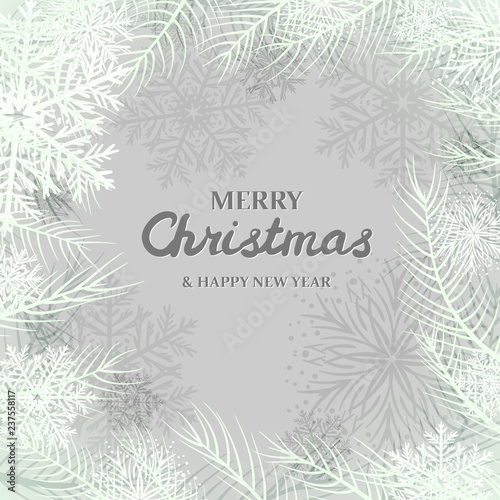 snowflakes and white spruce branches on gray background. Merry Christmas Greetings card