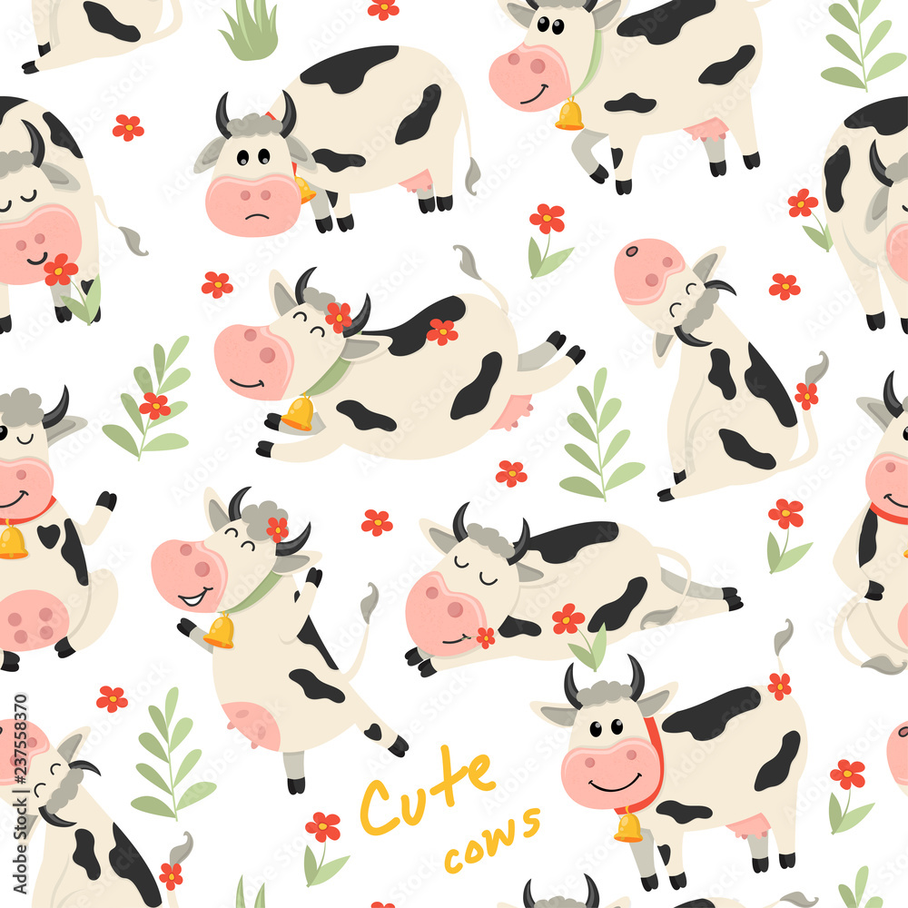 Seamless pattern with cute Cows character in various positions