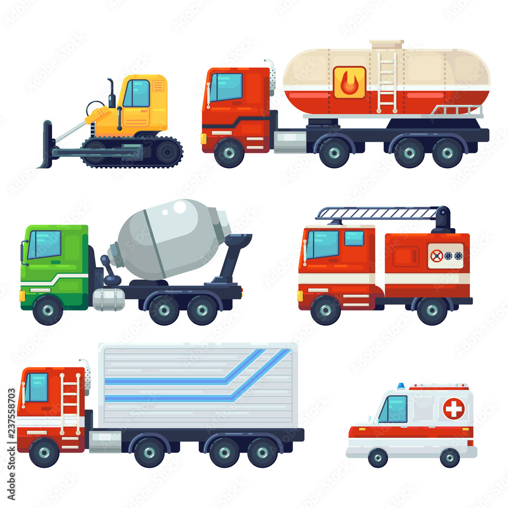 Contains such as Heavy industrial vehicle car, tractor, Construction machine, Fire fighting car . Can be used for websites, infographics, mobile apps. . Flat cartoon Vector Illustration Graphic Design